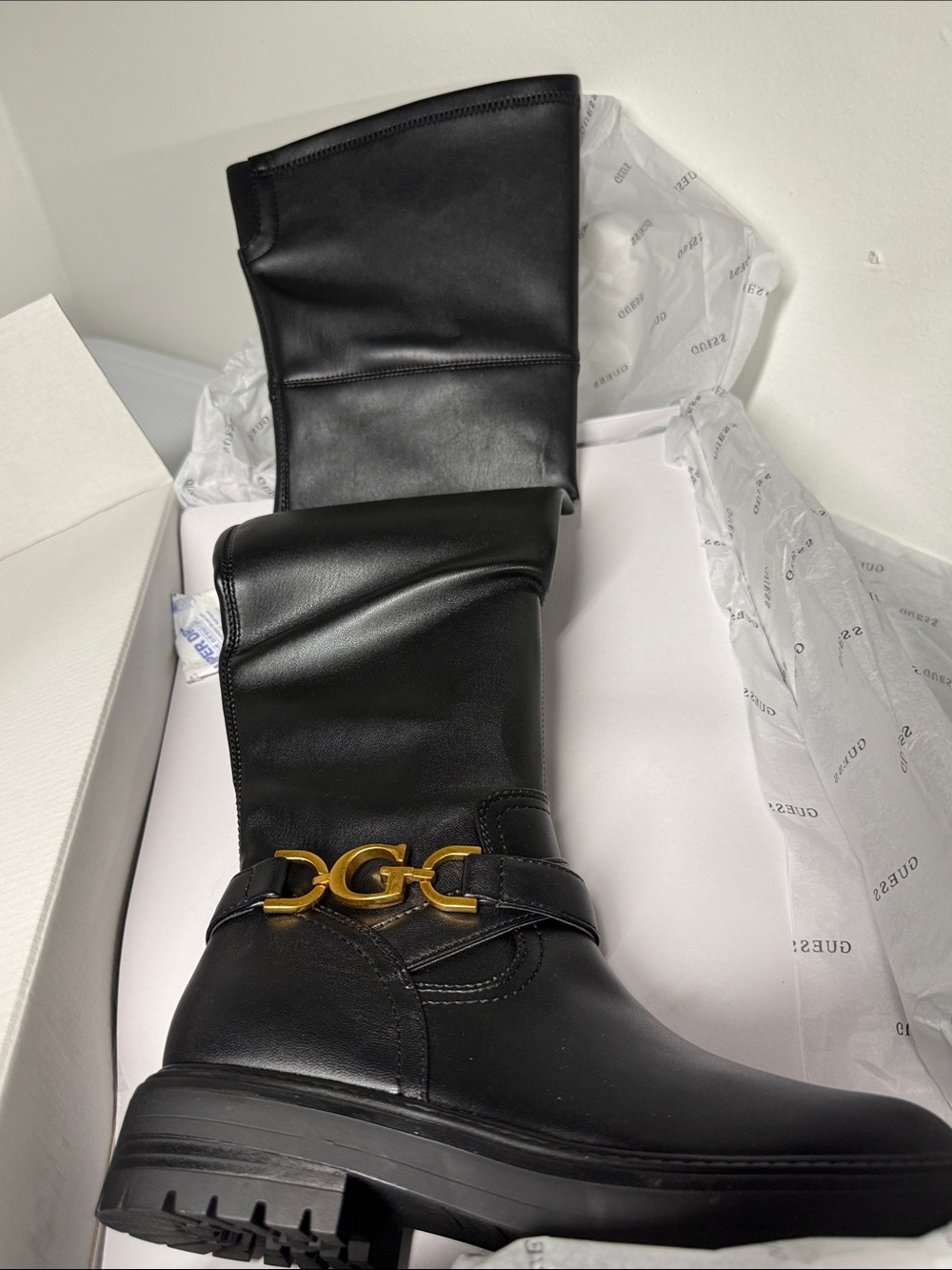 GUESS Black Leather Over the Knee Boots with Gold Double-G Accent SZ 5.5 M NWT